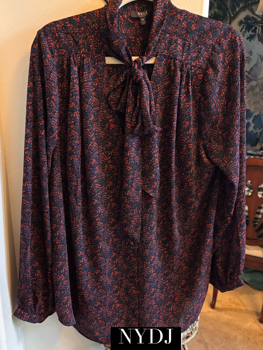 NYDJ Navy Blouse with Coral Dot Tie-Neck